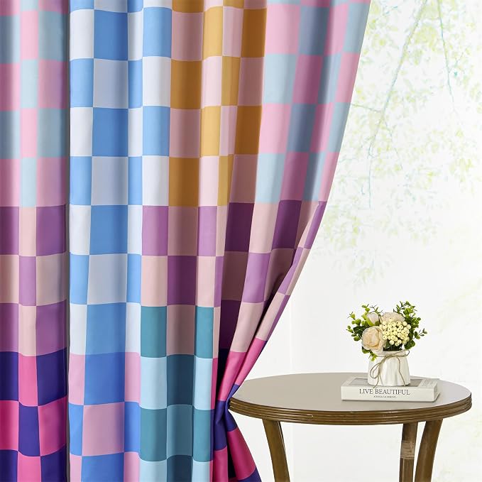 RoomTalks Multicolored Checkerboard Blackout Window Curtains for Bedroom Living Room 96 Inches Length 2 Panels, Mid Century Modern Aesthetic Curtain Panels Colorful Vibrant Checkered Window Drapes