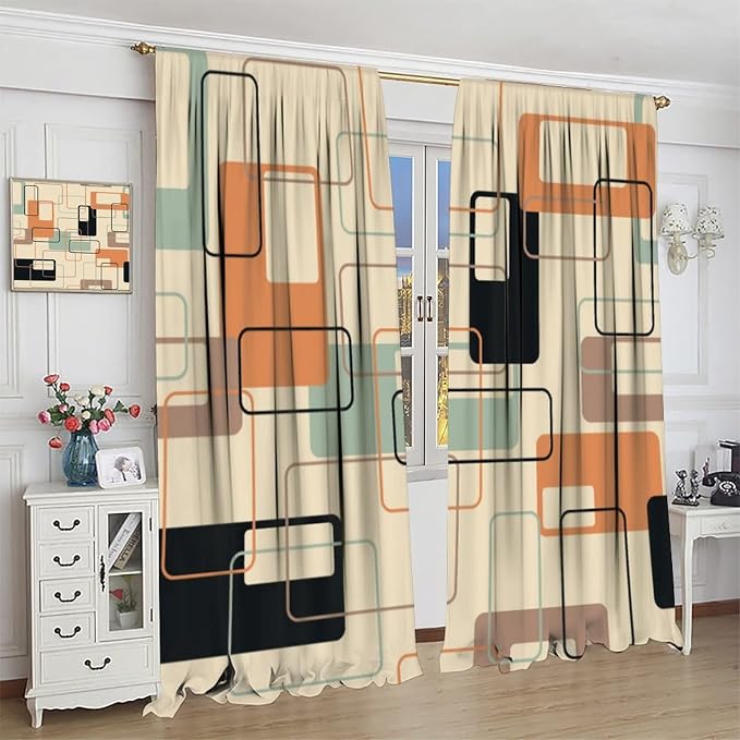 JESTRONRY Mid Century Blackout Curtains,Retro Square Design Modern Style Blackout Window Door Curtains for Bedroom Living Room Home Decor 55x63in