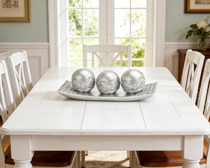 Silver Decorative Orbs with Tray Set, 3Pcs Resin Decorative Balls with Tray, Modern Accent Sphere for Coffee Table, Dining Table, Living Room, Entryway