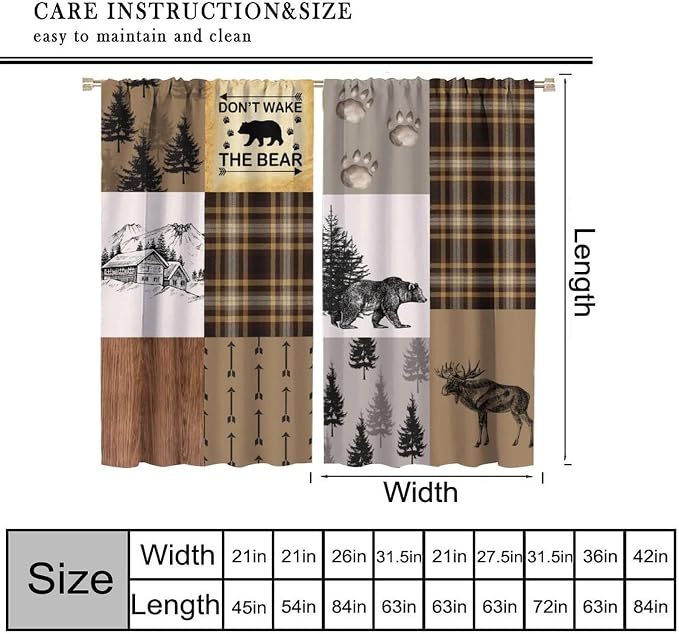 Vintage Animal Blackout Curtains for Kitchen Country Farmhouse Brown Patchwork Plaid Forest Cabin Hunting Deer Bear Animals Windows Treatments for Bedroom Living Room 63x63in