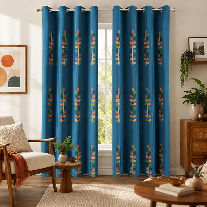 VOGOL Leaves Embroidered Curtains 84 Inches Long, Colorful Leaf Pattern Faux Linen Drapes for Living Room, 2 Panels Thermal Privacy Grommet Curtain for Farmhouse, 52 x 84, Blue