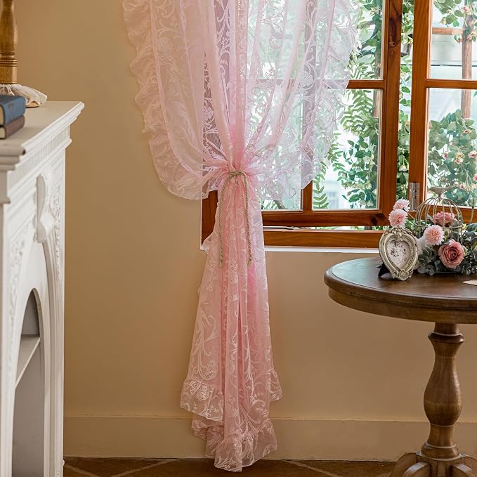 TUDECO Pink Boho Curtains for Bedroom 2 Panels - Kawaii Sheer Flower Pattern Pink Ruffle Curtains for Kids Girl Room, Aesthetic Light Filtering Rod Pocket Love Shack Fancy Room Decor, 59 x 72 Inch