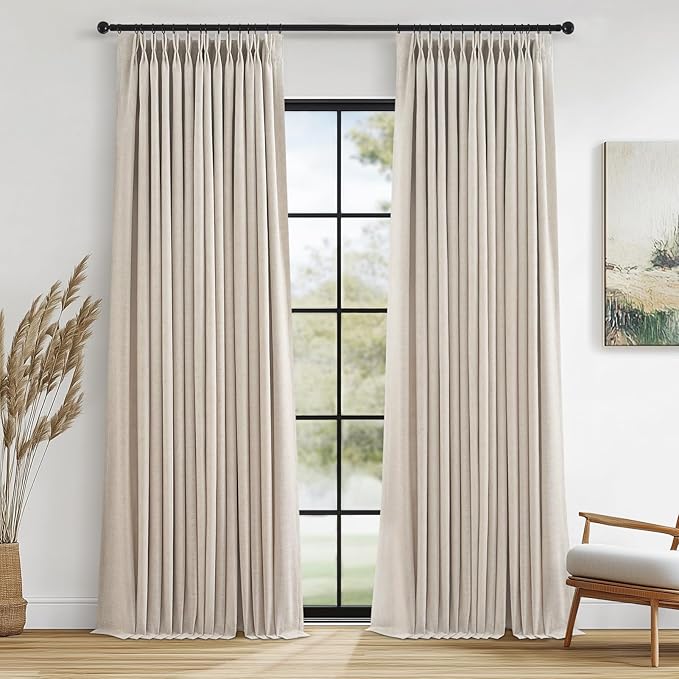 100% Blackout Curtains for Bedroom 84 Inches Long,Textured Beige Pinch Pleated Linen Black Out Advanced Curtains 1 Panels Set,Thermal Insulated Farmhouse Curtains for Living Room Track System
