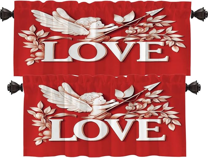 Shrahala Cupid Love Blackout Short Curtains for Windows, Romantic Love Kitchen Valance Thermal Insulated Rod Pocket Window Treatment for Bathroom 2 Pack 52 X 16 in