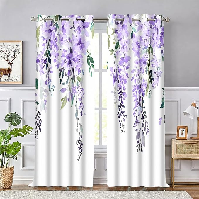 Purple Watercolor Floral Blackout Curtains 42x84 Inch 2 Panels | Botanical Leaves Vine Flowers, Rustic Farmhouse, Blackout Window Treatment, For Bedroom Living Room