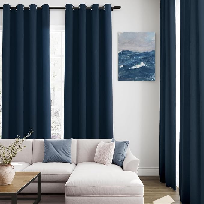 Jowels Retro Blue Linen Blackout Curtains 102 Length 2 Panels Set for Living Room Bedroom, 100% Black Out Thermal Insulated Linen Drapes, Room Darkening Grommet Curtains 102 Inches Long Retro Blue