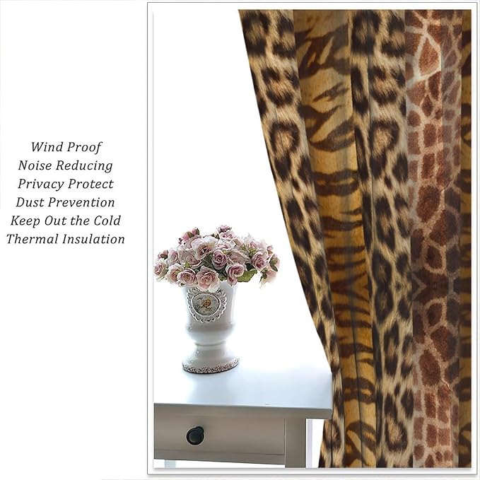 Leopard Print Blackout Curtain, Retro Wild Animal Skin Farmhouse Fur Leopard Print Curtains Rod Pocket Window Treatments 2 Panels Drapes for Nursery Living Room Bedroom Office Decor 72"W X 63"L