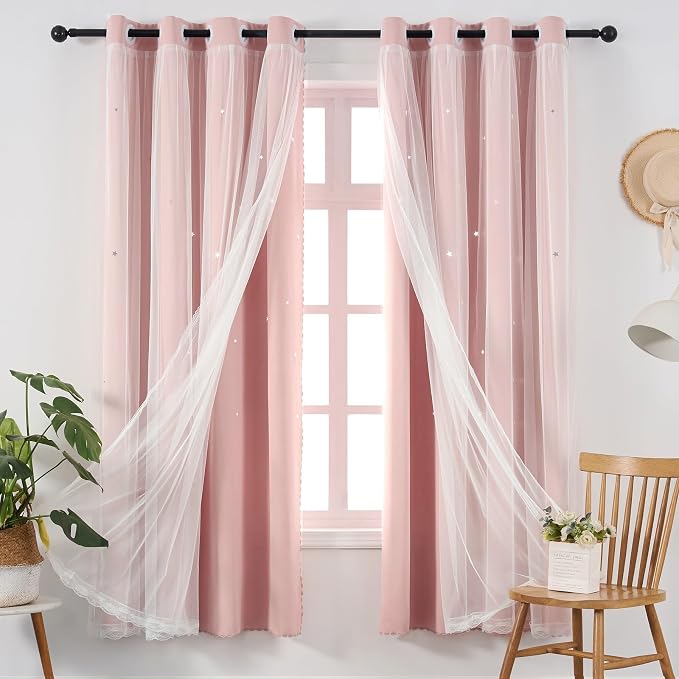 Cute Blackout Pink Curtains for Girls Room 84 Inches Long 1 Panel Star Cutout Room Darkening Nursery Curtain & Drapes with White Sheer Tulle Light Blush Double Layer Curtain 84 Inch Length