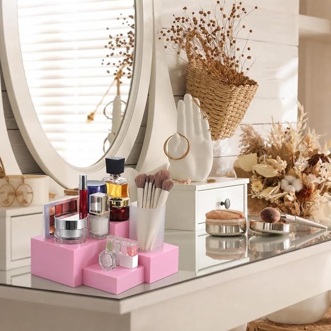 Geelin 6 Pack Acrylic Risers for Display Acrylic Cube Boxes Risers Display Stands with Hollow Bottoms Decorative Stand for Jewelry Candy Table Decor 6 Sizes(Pink,3 to 8 Inch,Square)