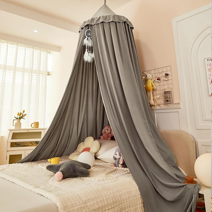 Princess Decor Canopy for Kids Bed, Soft and Durable Bed Canopy for Girls Room Tent Canopy Dreamy Mosquito Net Bedding, Children Reading Nook Canopies Indoor (Grey)