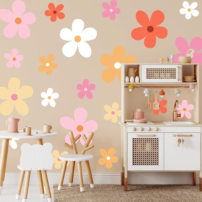 TaoBary 12 Sheet Daisy Wall Sticker Decal Removable Cute Daisy Bedroom Room Decor Flower Wall Sticker Pink White Flower Decal Wallpaper Peel and Stick for Nursery Home(Bright Color,Elegant Style)