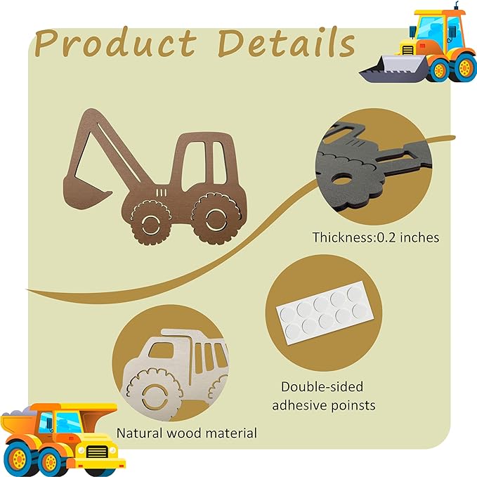 Ajqiomh Construction Trio Nursery Wall Decor Wooden Construction Vehicles Decor Kids Room Wall Decor Kids Room Decor Nursery Playroom Wall Decor for Boys
