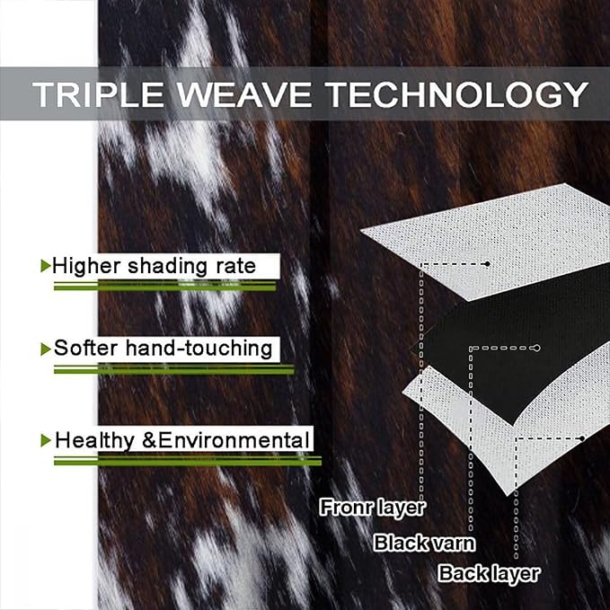 Cowhide Blackout Curtain, Western Cow Print Rustic Brown Black White Animal Fur Skin Drapes, Window Treatments Rod Pocket 2 Panels Curtains for Kitchen Bedroom Living Room Office Deocr 63"W X 63"L