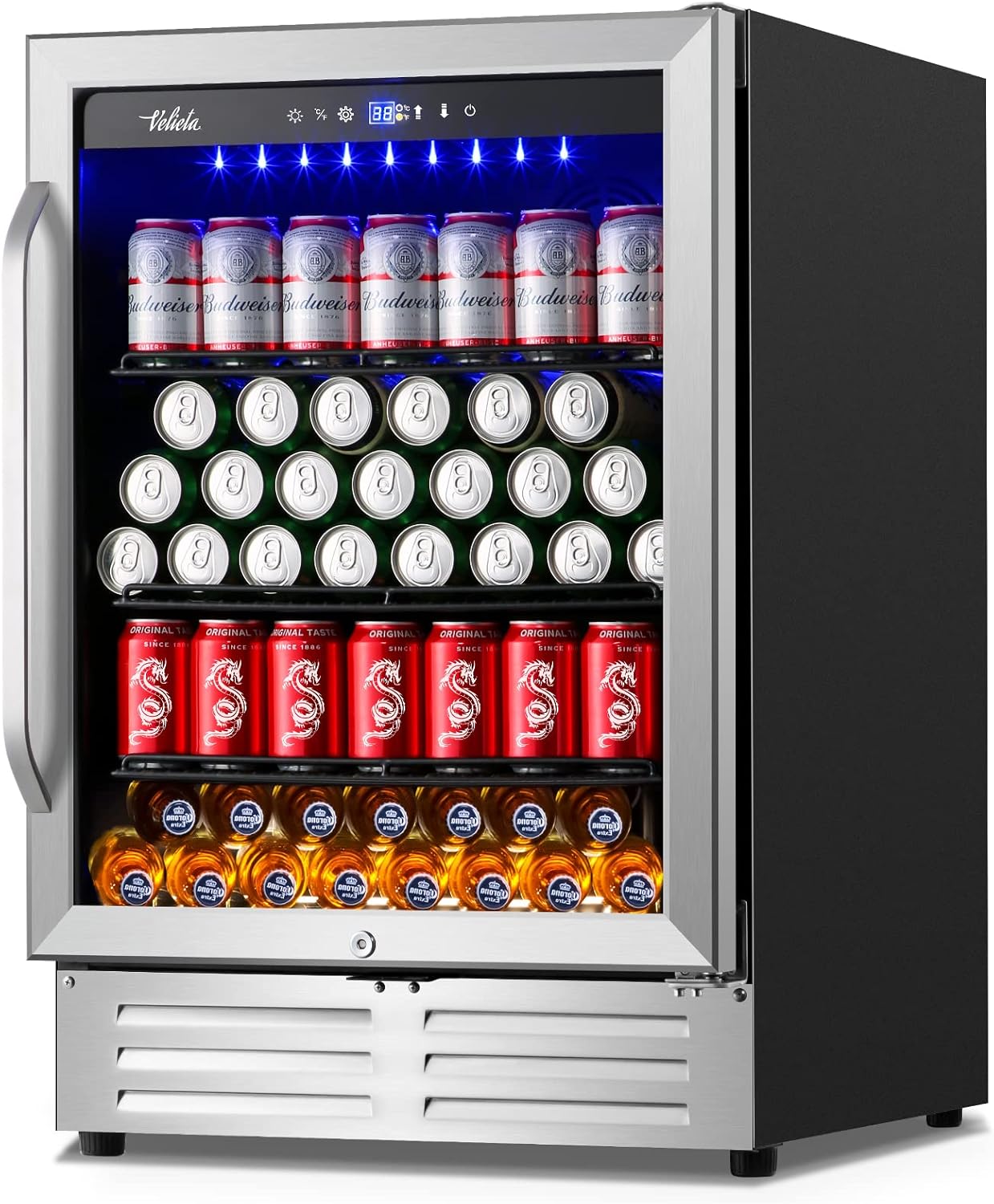 24 Inch Beverage Refrigerator Cooler,210 Cans Wide Beverage and Beer Fridge with Glass Door and Powerful Cooling Compressor, Built-in/Freestanding Drink Fridge for Kitchen, Bar or Office