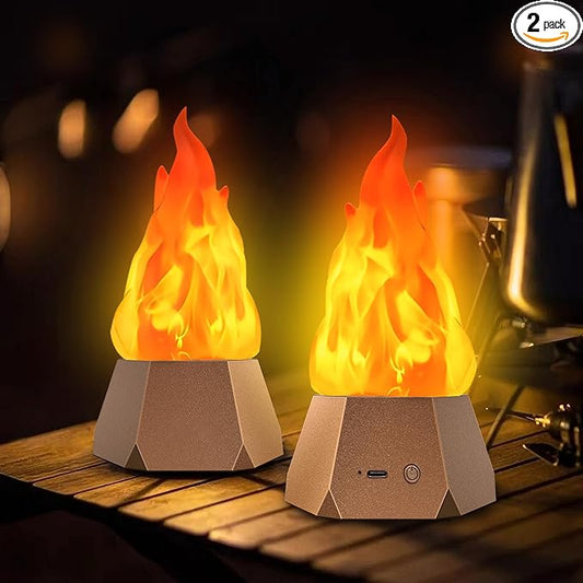 Ollcuz LED Flame Lights, Rechargeable Battery Flameless Candles, Fake Fire with Flickering Flame, LED Night Light for Kids Bedroom Outdoor Camping Party Bar Table Christmas Decorations, 2 Pack