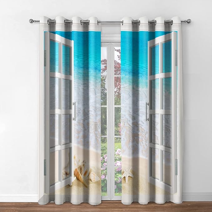 Jekeno Ocean Beach Blackout Curtains Tropical Scene Sea Waves Shell Starfish Conch View Through White Wooden Window Decor Bedroom Living Room Darkening Grommet Window Drapes 2 Panel Set, 42"x84"