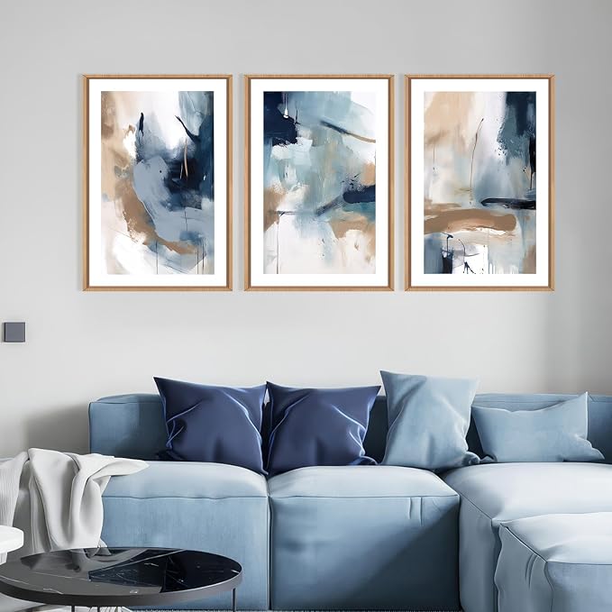 LHIUEM Large Abstract Navy Blue Framed Canvas Wall Art,Neutral Brush Stroke Wall Decor,Modern Pastel Brown Wall Painting,Minimalist Shapes Artwork for Living Room,Bedroom,Office- 24"x36"x3