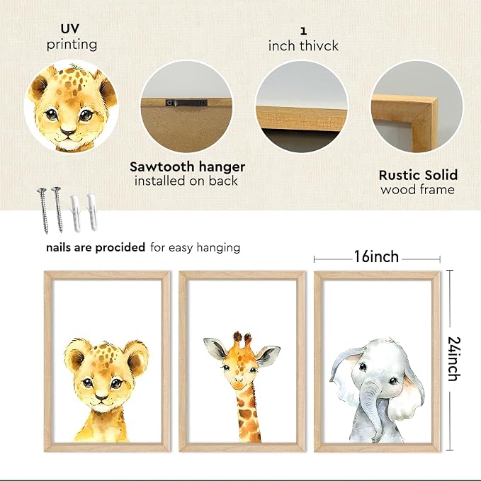 Nursery Decor Safari Baby Animal Giraffe Elephant Lion 3Pc 16x24 Wood Frame | Cute Prints Sign Wall Art for Children's Room