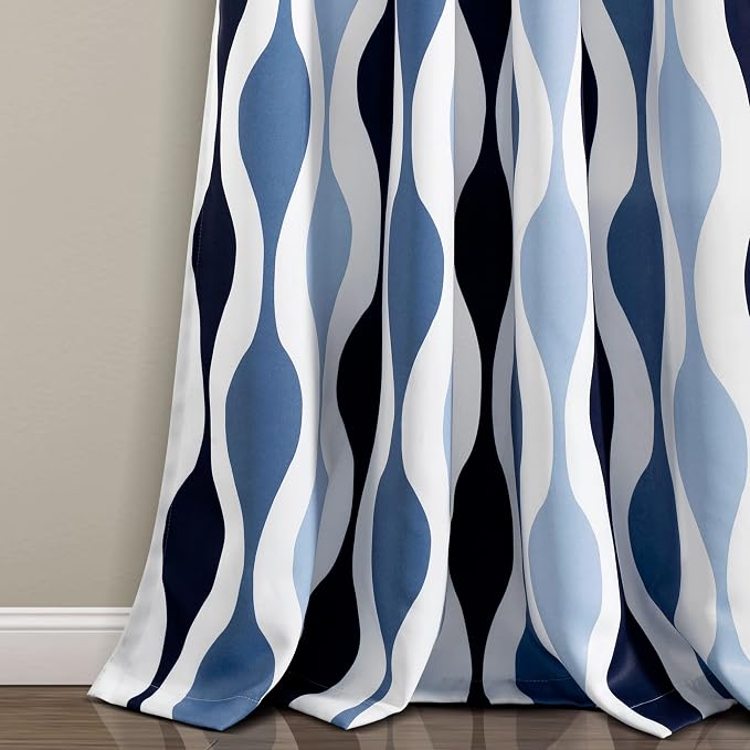 Lush Decor Mid Century Geo Room Darkening Window Curtain Panels Pair 52" W x 84" L Blue & Navy - Retro Curtains for Living Room - Vintage Drapes
