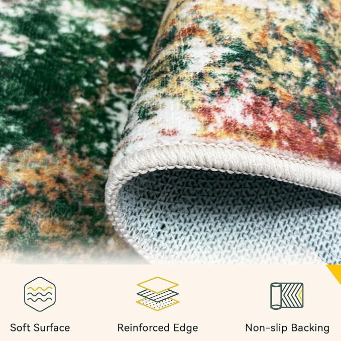 RELEANY Washable Area Rugs 8'x10' Non-Slip Modern Abstract Soft for Living Room Entryway Bedroom Kitchen, Print Pattern, Green Orange Rust Red Cream Colorful