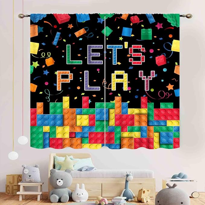 Kids Boys Curtains for Bedroom, Colorful Building Blocks Plastic Brick Pattern Abstract Contour Printed Blackout Drapes for Boys Room Living Room Nursery Party Decor 2 Panels, 42"x54" Inch