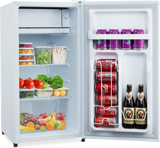 3.2 Cu.Ft Mini Fridge with Freezer, Small Refrigerator with Single Door and Adjustable Thermostat, Shelf, Energy Efficient, Compact Fridge for Bedroom, Office，white