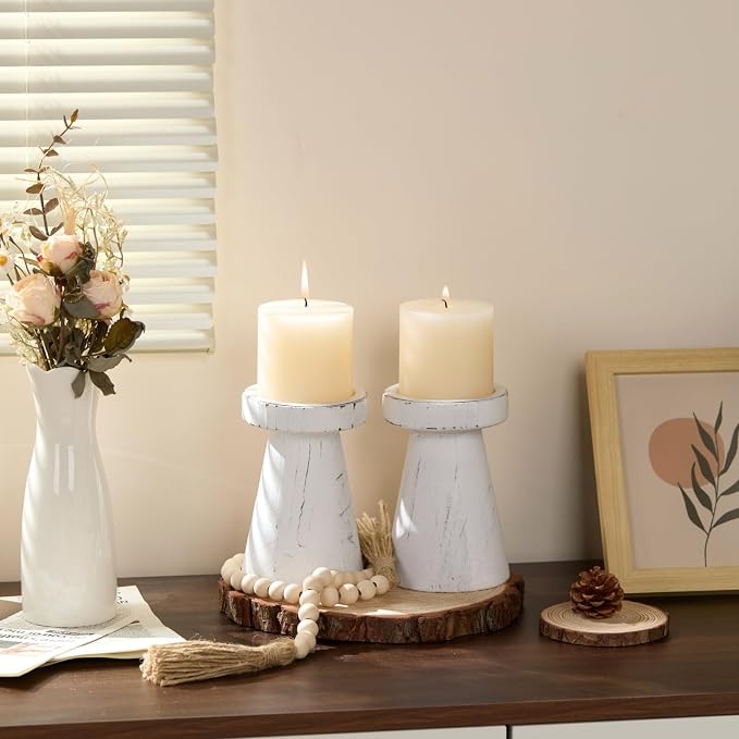 Wood Candle Holders for Pillar Candles, Set of 2 Vintage Rustic Tall Modern Farmhouse Decor, Decorative Wooden Candlestick Stand for Fireplace Mantel, Table Centerpiece - Distressed White