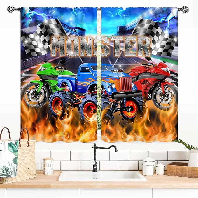 Racing Car Curtains, Cool Monster Cartoon Truck Buring Flame Colorful Race Stadium Blackout Window Drapery Treatments for Boys Kids Baby Bedroom Living Room Playroom Nursery 2 Panel Set, 55x39 Inch