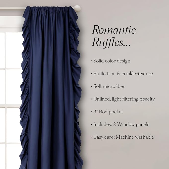 Lush Decor Reyna Ruffle Window Curtain Panel Set, Pair, 54" W x 63" L, Navy - Flowy Curtain Set - Romantic Ruffle Curtains for Bedroom, Living room, or Dining Room - Farmhouse & Cottage Home Decor