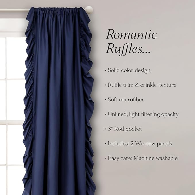 Lush Decor Reyna Ruffle Window Curtain Panel Set, Pair, 54" W x 84" L, Navy - Flowy Curtain Set - Romantic Ruffle Curtains for Bedroom, Living room, or Dining Room - Farmhouse & Cottage Home Decor