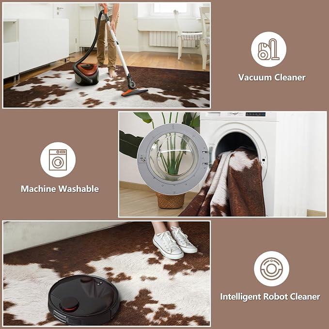 DweIke Cow Print Rugs for Living Room, 5x7 Soft Faux Animal Cowhide Area Rug, Washable Non-Slip Stain Resistant Throw Carpet for Dining Room Office Western Home Decor, Red Brown