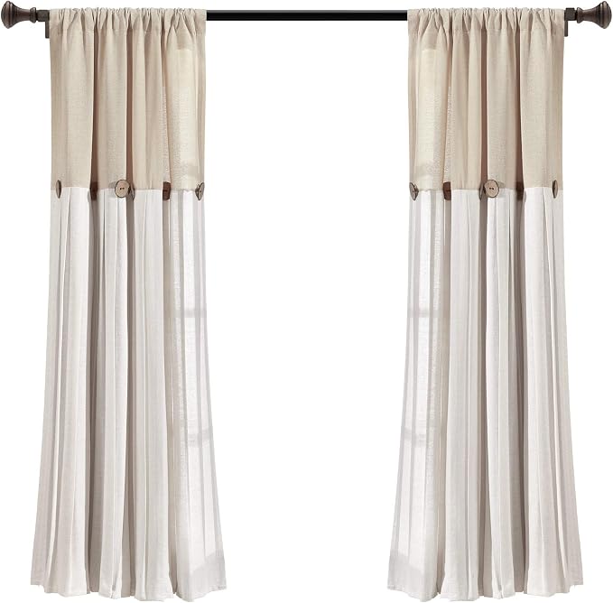 Lush Decor Linen Button Farmhouse Curtains, Single Panel, Pleated Two Tone Design 40" W x 63" L, Linen (Pack of 6)