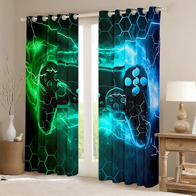 Feelyou Kids Boys Green Gamer Window Curtains Toddler Honeycomb Gaming Blankout Curtains Lightning Gamepad Darkening Drapes Game Room Decor Window Treatments (2 Panels, 52 x 63 Inch)