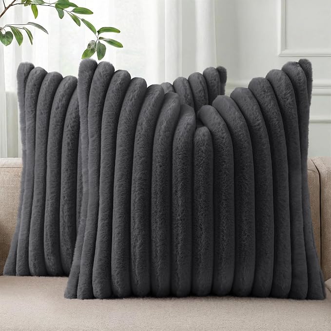 Pallene Faux Fur Plush Throw Pillow Covers 18x18 Set of 2, Luxury Soft Fluffy Striped Decorative Pillow Covers for Sofa, Couch, Living Room, Dark Grey