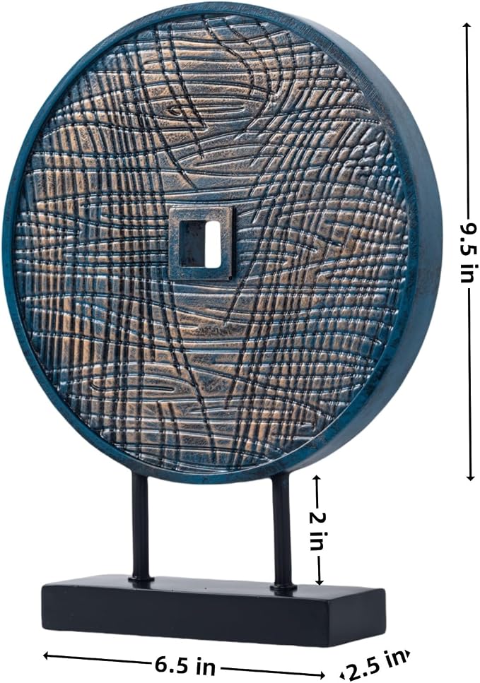 Unique Round Coin Sculpture Decorative Objects for Shelf Home Decor Accents, Modern Abstract Tabletop Decor Items for Living Room Fireplace Mantel, Above Cabinet (Blue)