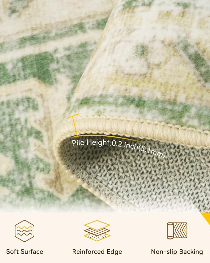 RELEANY Area Rugs Large 9'x12' Washable Non-Slip, Floral Vintage Distress Medallion Carpet for Living Room Bedroom Dining Room, Sage Green Yellow