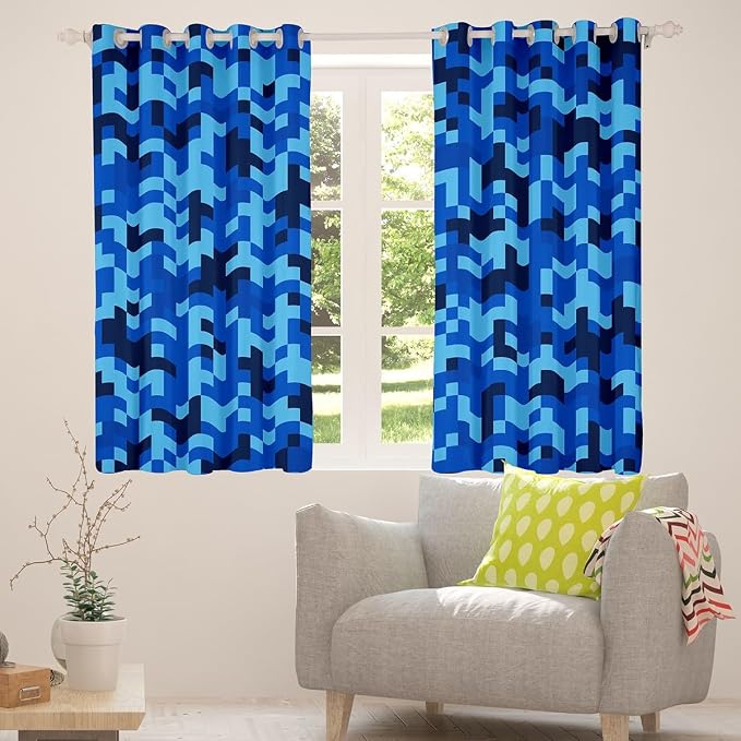 Castle Fairy Navy Blue Camouflage Window Curtain,Geometric Checked Bedroom Decor Curtains,Kids Boys Teens Pixelated Miner Style Window Treatment Video Games Blackout Drapes 2 Panels,38Wx45L