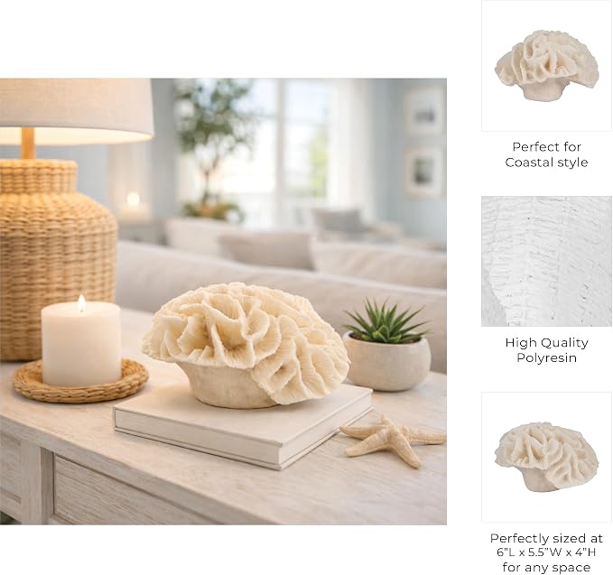 Polyresin Coral Figurine Sculpture – Decorative Accent for Shelf or Table, Coastal-Inspired Design for Living Room or Bedroom – Accent Piece for Any Room, Elegant Home Decor – 6x5x4, Ivory Tan