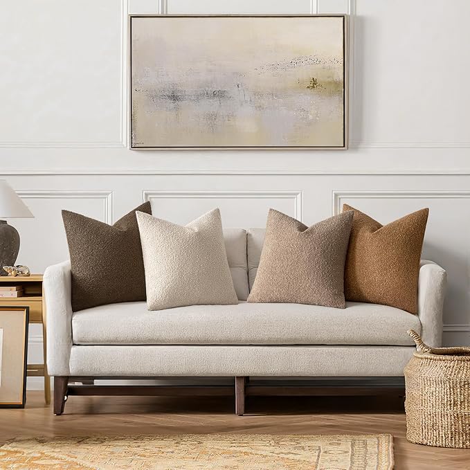MIULEE Pack of 4 Fall Decorative Textured Boucle Throw Pillow Covers | 22x22 Inch Neutral Brown Accent Euro Sham Pillow Cases Couch Cushion Covers Modern Farmhouse Boho Sofa Bed Room Home Decor