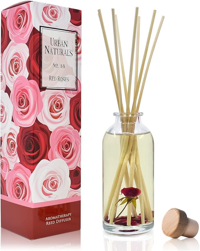 Urban Naturals Reed Diffuser Set, Red Roses - Bathroom Shelf Décor | Floral Scented Sticks Room Freshener for Bathroom, Kitchen & Bedroom, Great Gift Idea