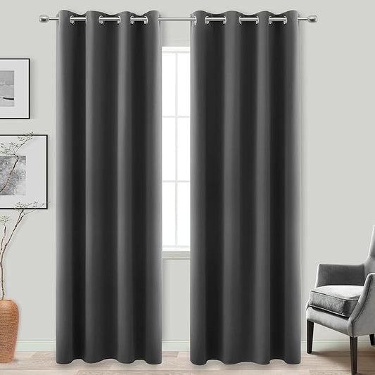 KOUFALL 92 Inch Blackout Curtains, Thermal Insulated Grommet Drapes for Bedroom Living Room, 52" W x 92" L 2 Panel Set, Dark Grey