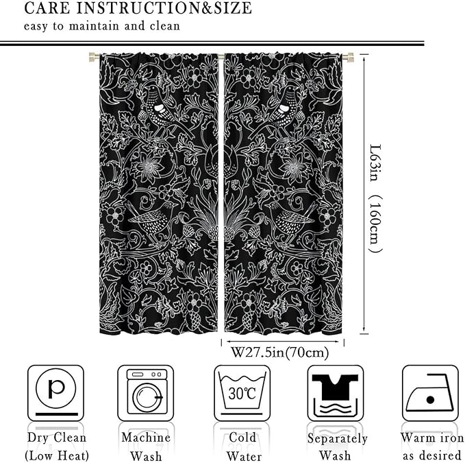 Bohemia William Morris Art Blackout Window Curtains, Vintage Flowers and Birds Dark Magic Forest Background, for Living Room Bedroom 27.5(W)*63(L) 2 Panels