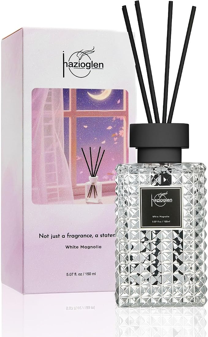 Reed Diffuser Set, White Magnolia Scented Home Fragrance Air Freshener for Bathroom Shelf Decor, 5.07 fl oz/150ml Essential Oil with Sticks