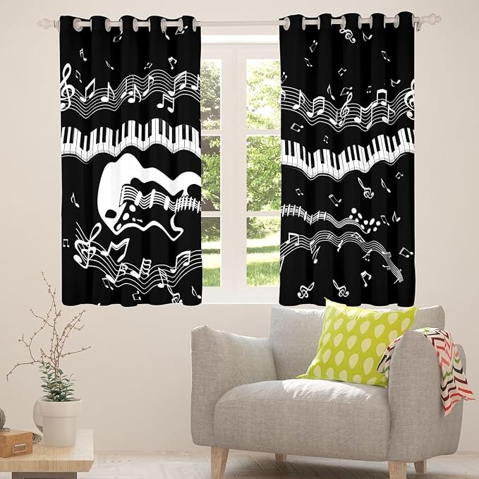 Rosebridal Guitar Curtains Piano Keys Musical Notes Window Curtains for Kids Boys Girls Teens White Black Music Theme Window Curtains Panels Rock Hip Hop Window Drapes 2 Panel 38" Wx54 L