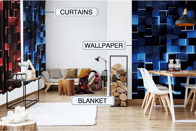 MESHELLY Red and Blue Curtains 42Wx63H Inch Rod Pocket Abstract 3D Cubes Gradient Design Cool Modern Men Boys Game Gaming Checkered Bedroom Window Drapes Aesthetic Printed Living Room Window Treatment