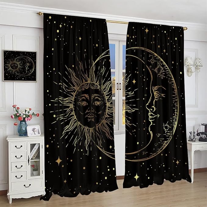 Gold Sun and Moon Blackout Windows Curtains, Fantasy Mandala Bohemian Universe Galaxy Printed Curtains, for Living Room Bedroom 42x45in 2 Panels
