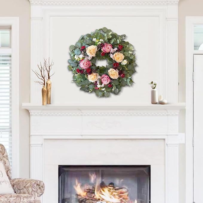WANNA-CUL 24 Inch Pink Champagne Rose Spring Wreath for Front Door | Burgundy Rose and Eucalyptus Leaves, Ideal for Summer ,Fall ,Mother's Day, Valentine's Day, Indoor Outdoor Decor