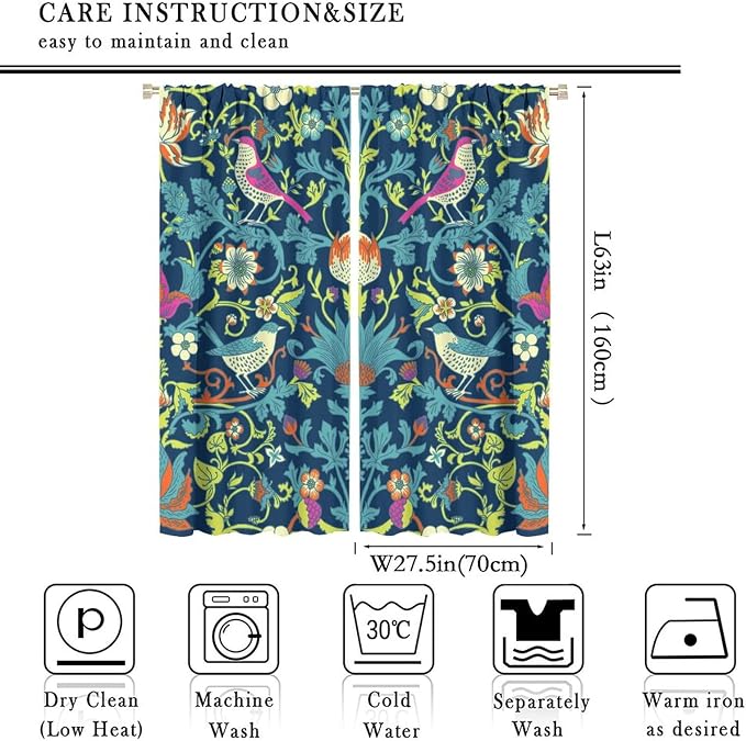 Boho William Morris Art Blackout Window Curtains, Magical Forest Vintage Flowers and Birds Rod Pocket Curtains, for Living Room Bedroom 27.5(W)*63(L) 2 Panels
