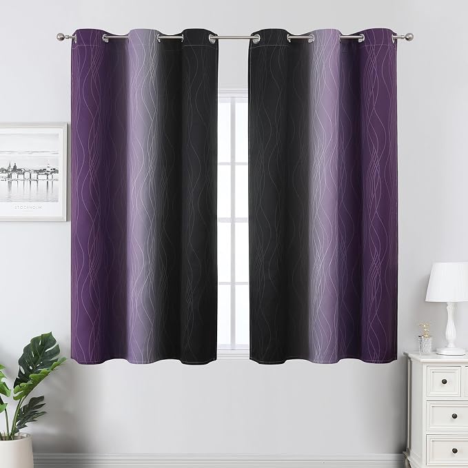 Estelar Textiler Black and Purple Blackout Curtains 54 Inch Length, Full Light Blocking Gradient Grommet Drapes, Thermal Insulated Ombre Curtains for Bedroom, 42Wx54L, 2 Panels