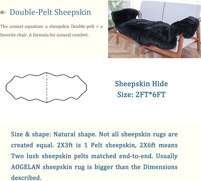 Fluffy Patchwork Sheepskin Rug with Little Patches-Fuzzy Shaggy Fur Genuine Wool Area Carpet for Bedroom Living Room Floor, Pray Pup Mat, Chair Sofa Seat Cover Black 2' x 6'